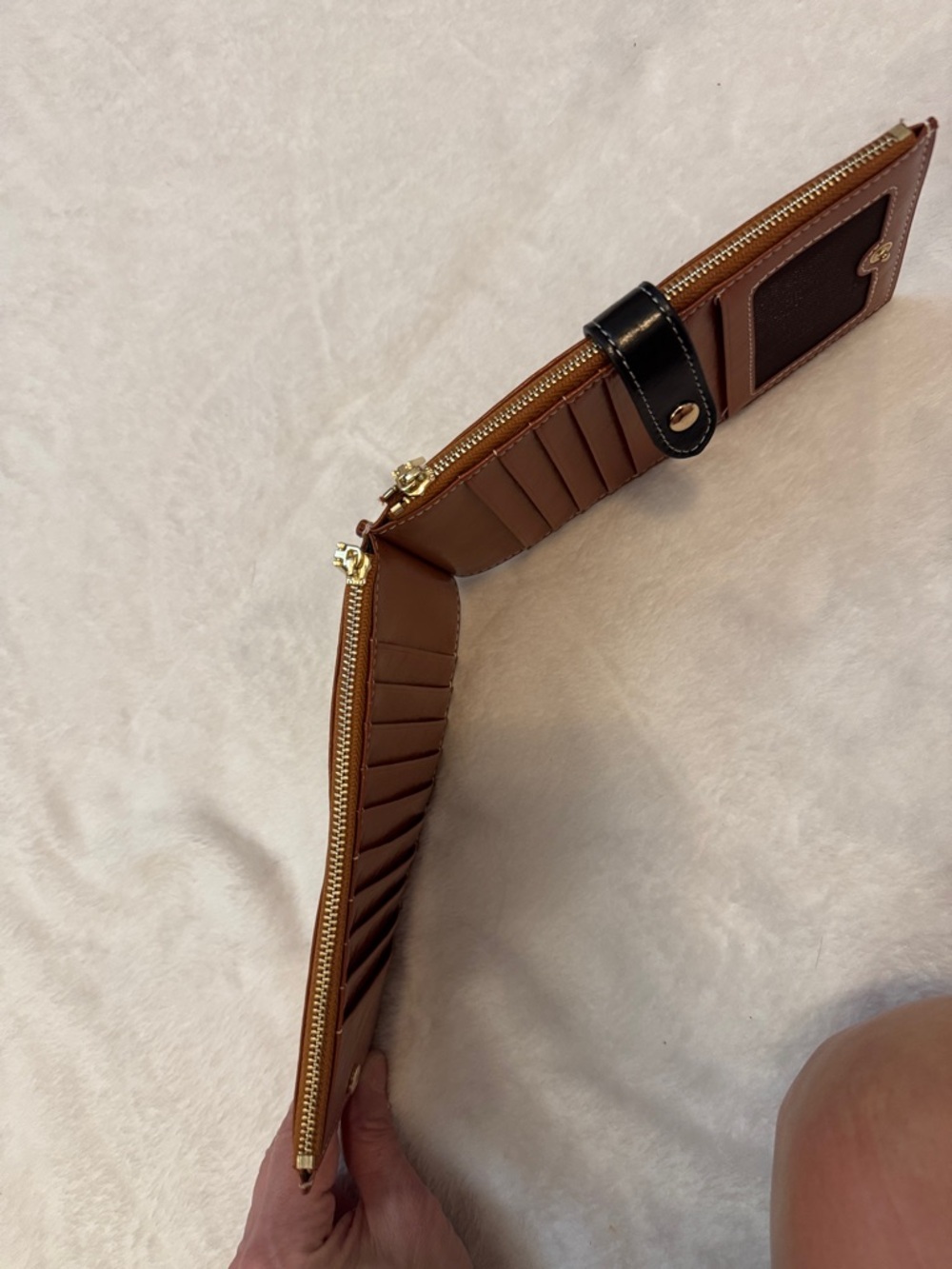 Tan Leather Wallet with Black Snap Strap and Gold Accent - Picture 4 of 4